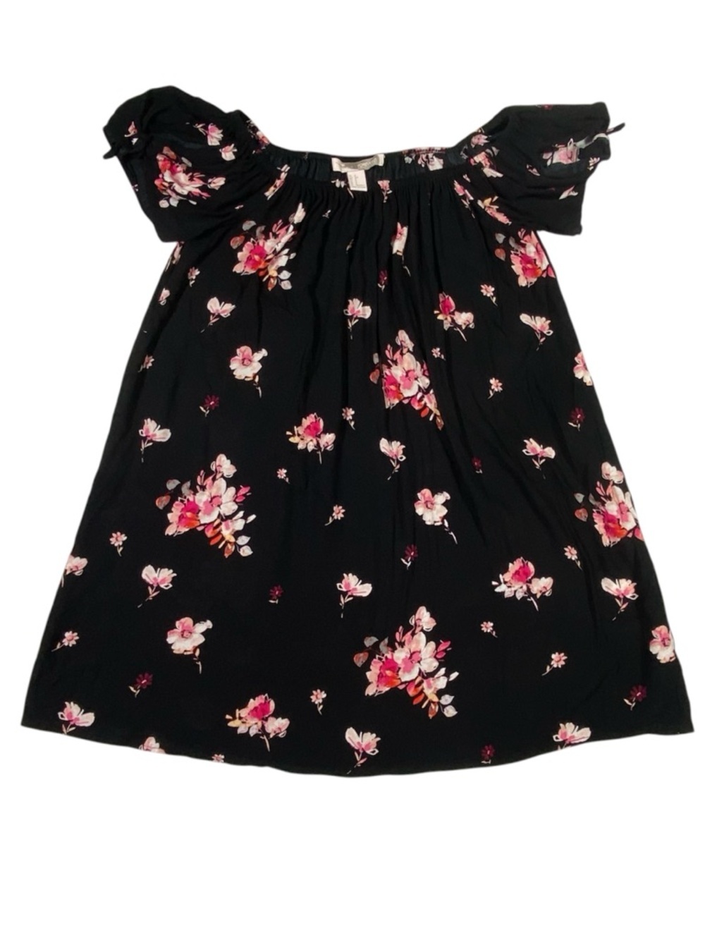 Forever 21 Floral Tunic Mini Dress Women's S Black Off Shoulder Tie Cuff Flowy